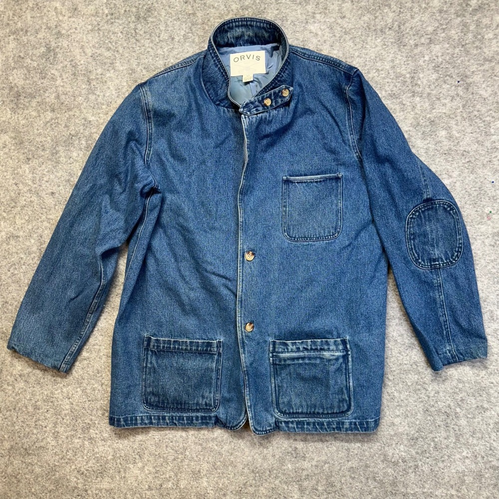 Orvis Denim Barn Jacket Men's XLT Blue Elbow Patches Throat Latch Cotton Vintage